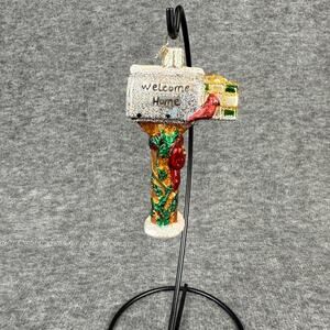 Old World Christmas Welcome Home Ornament Mailbox Blown Glass Glittery Cardinal